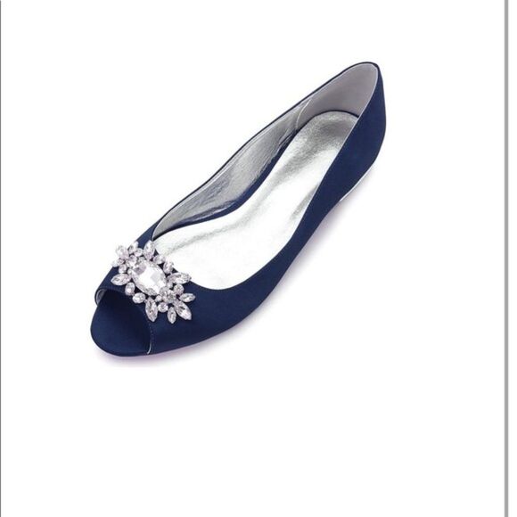 Sz 8 NEW! Navy Blue Satin Crystal Wedding Flats Bridal Peep Toe Slip On shoes! - Picture 1 of 6